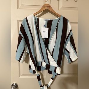 ZARA Multi Striped Faux Wrap Tie Front Crop Top *NWT*